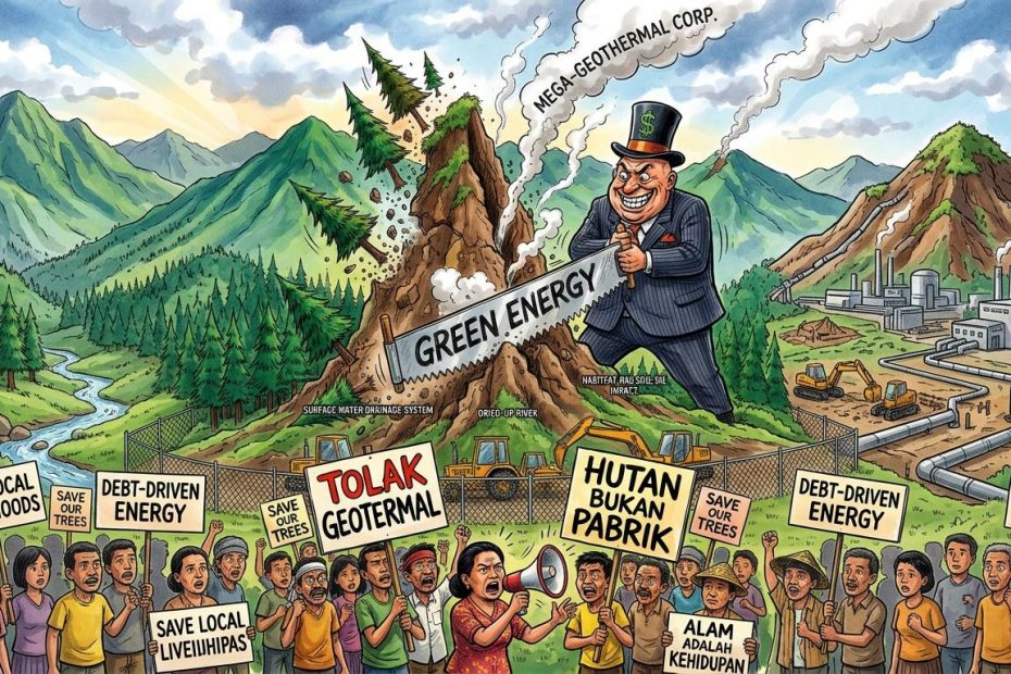 Ilustrasi penolakan proyek geotermal (foto: Generasi AI)